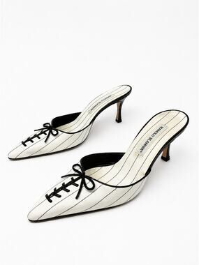 Manolo Blahnik Black White Pinstripe Lace-Up Mule Heels Womens Size EU 39